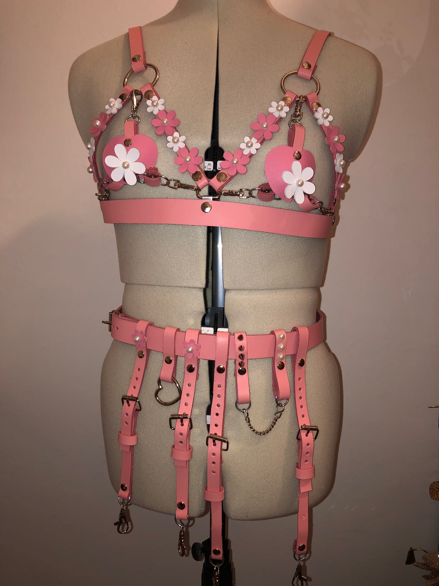 Pink & White Pearl Blossom Leather Cage Harness Bra