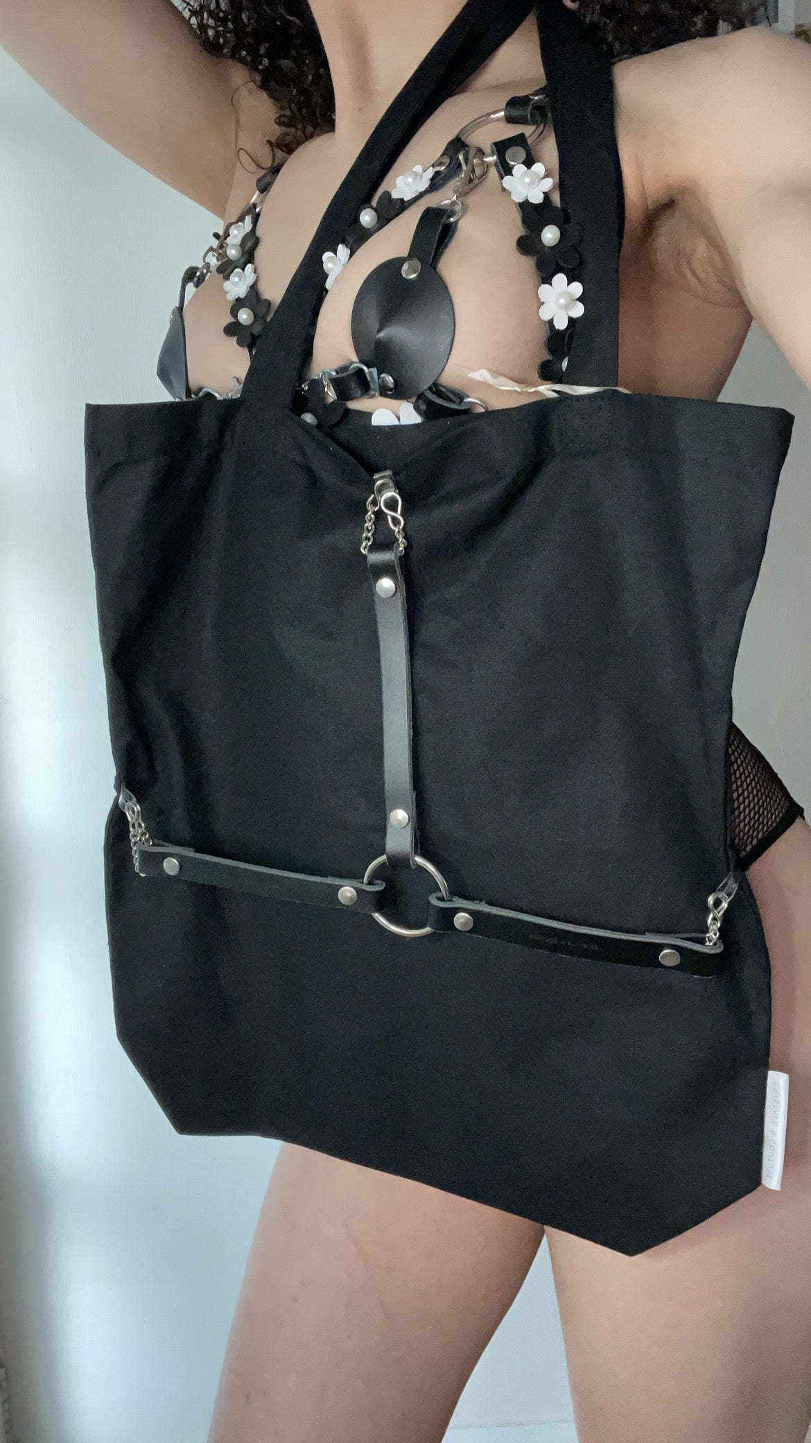 Black Leather Harness Cotton Tote