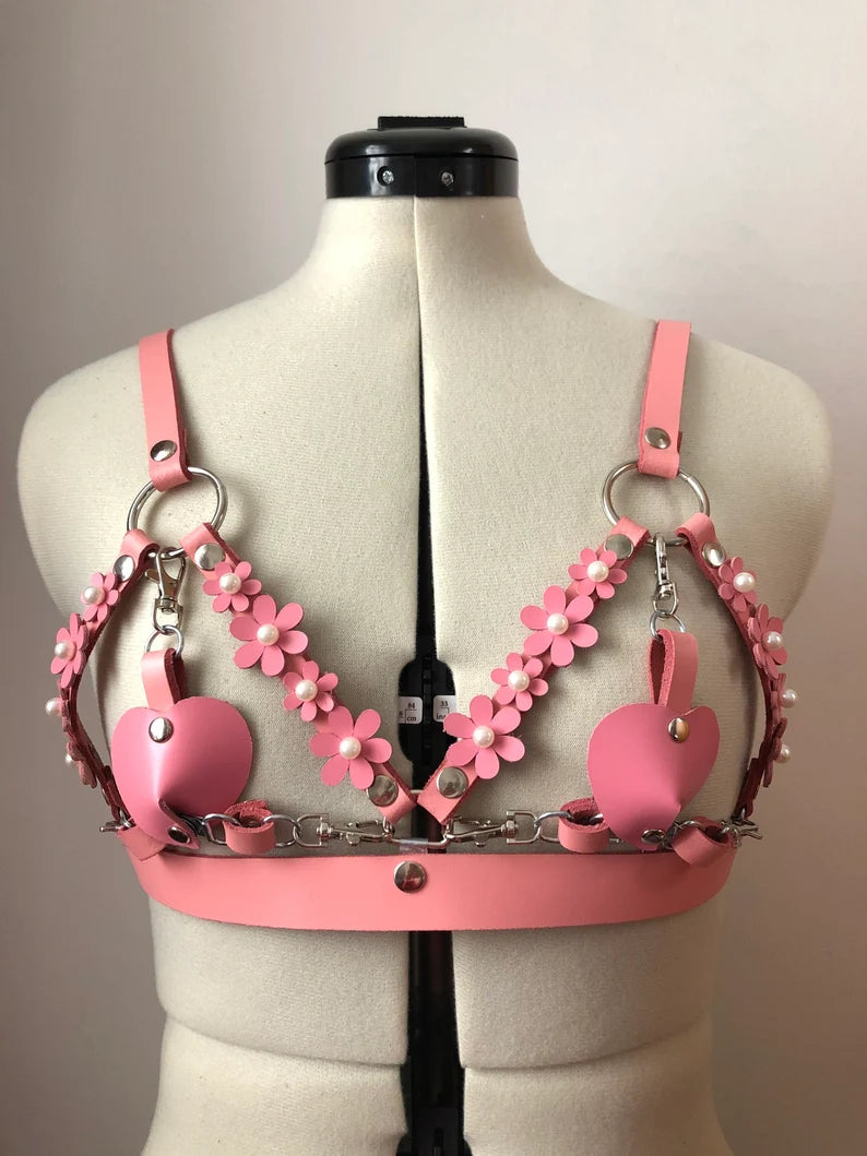 Pink Pearl Blossom Leather Cage Harness Bra
