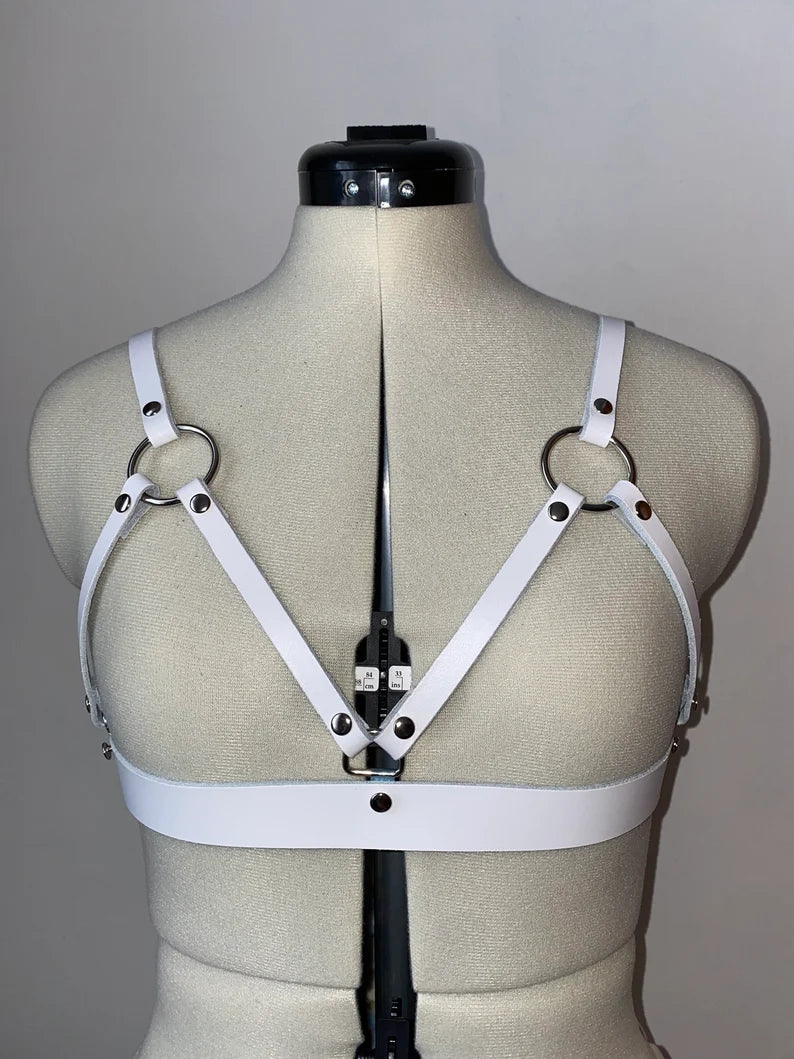 White Leather Cage Harness Bra