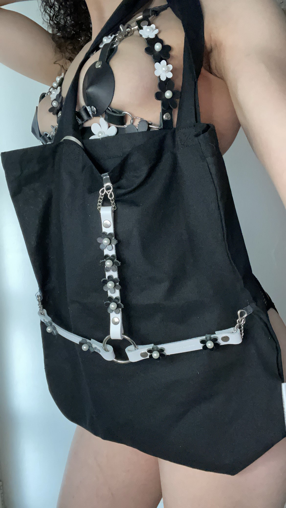 Black Blossom White Leather Harness Cotton Tote