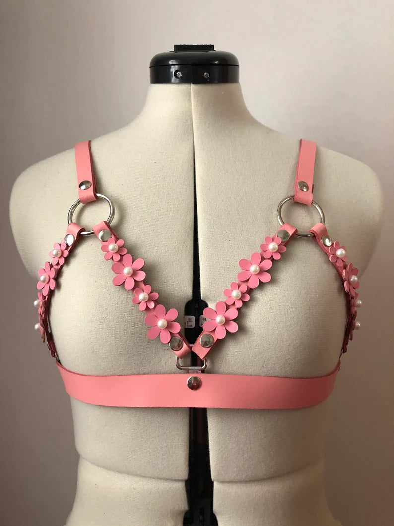 Pink Pearl Blossom Leather Cage Harness Bra