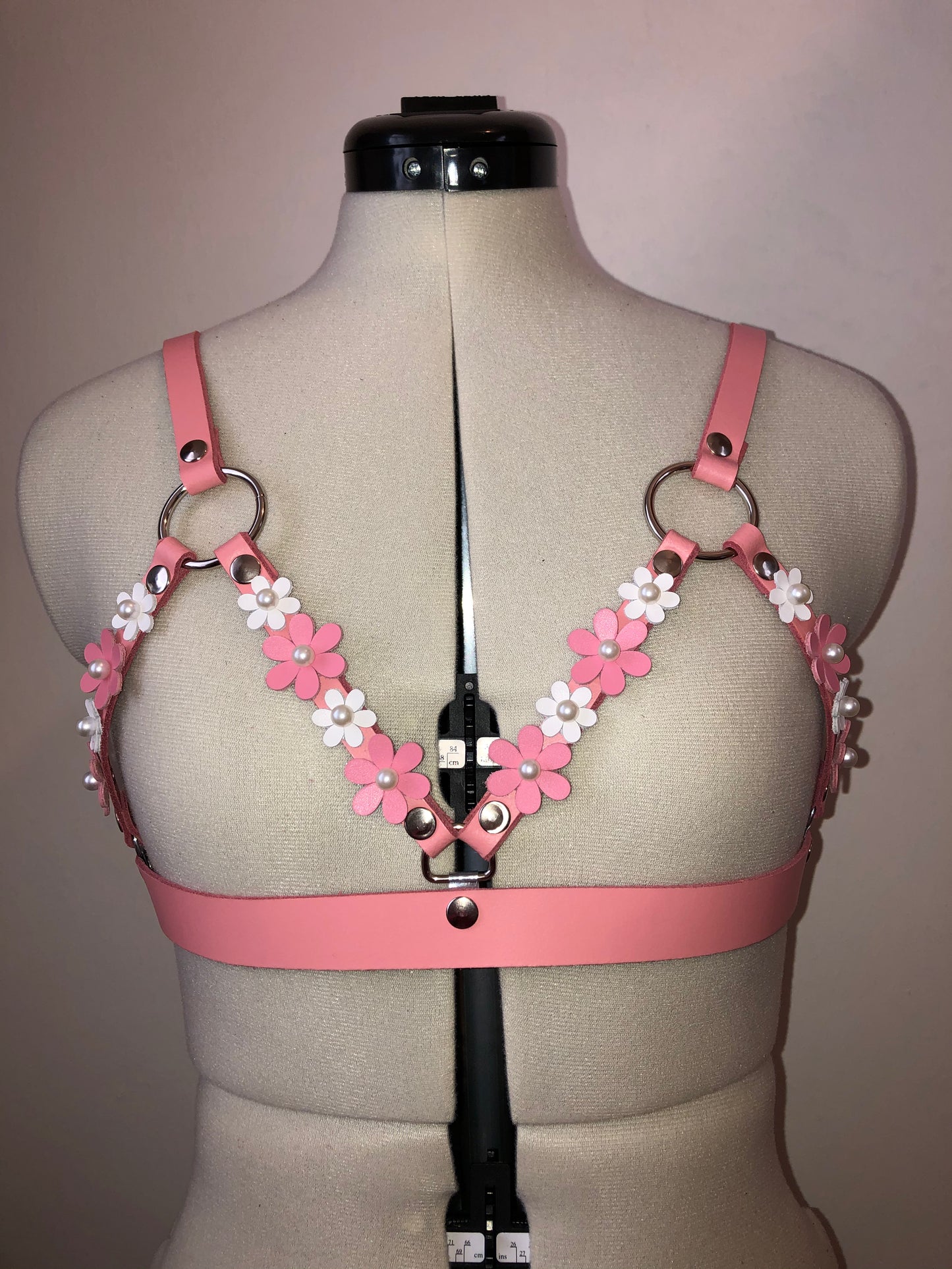 Pink & White Pearl Blossom Leather Cage Harness Bra