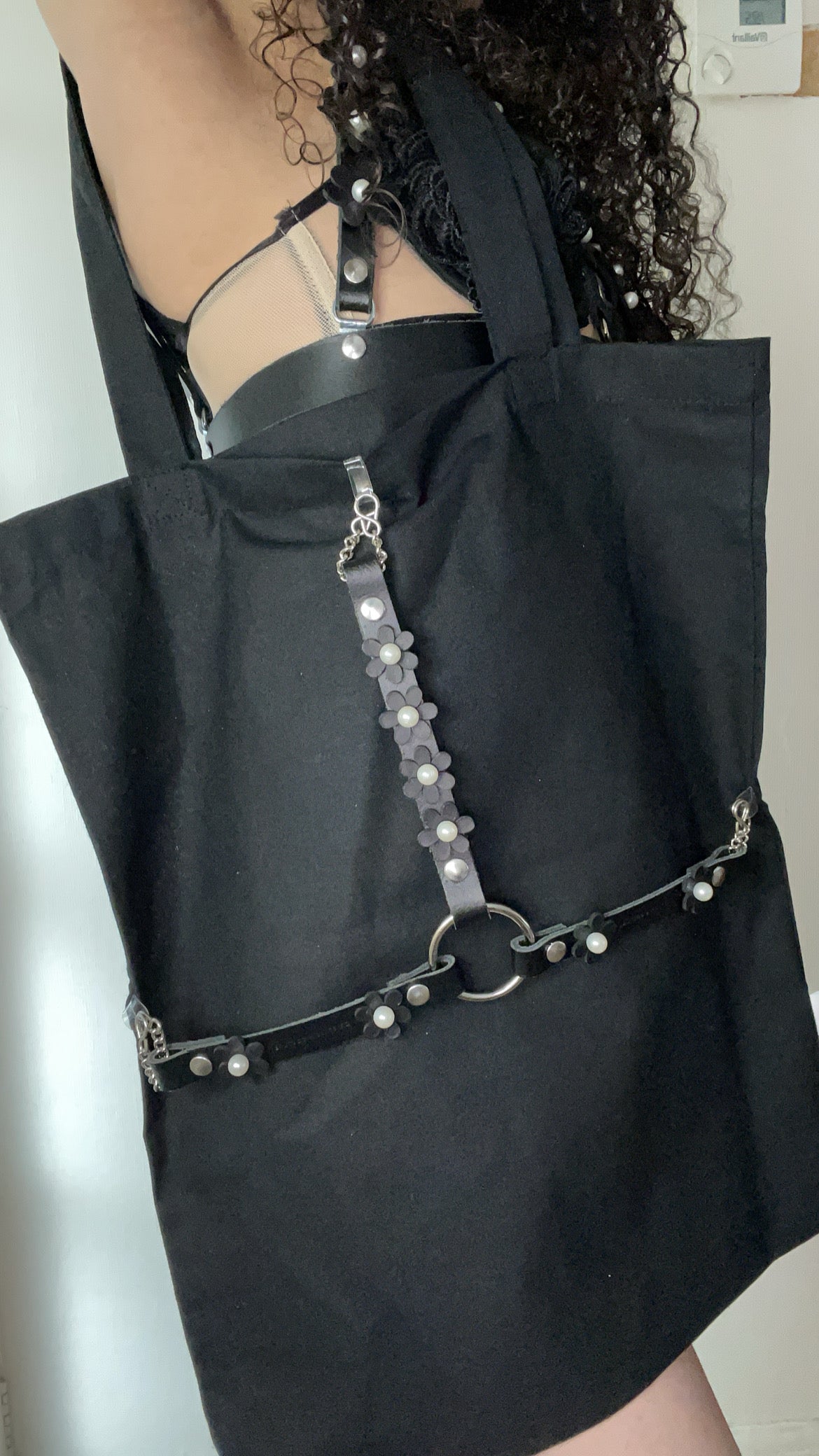 Black Blossom Leather Harness Cotton Tote