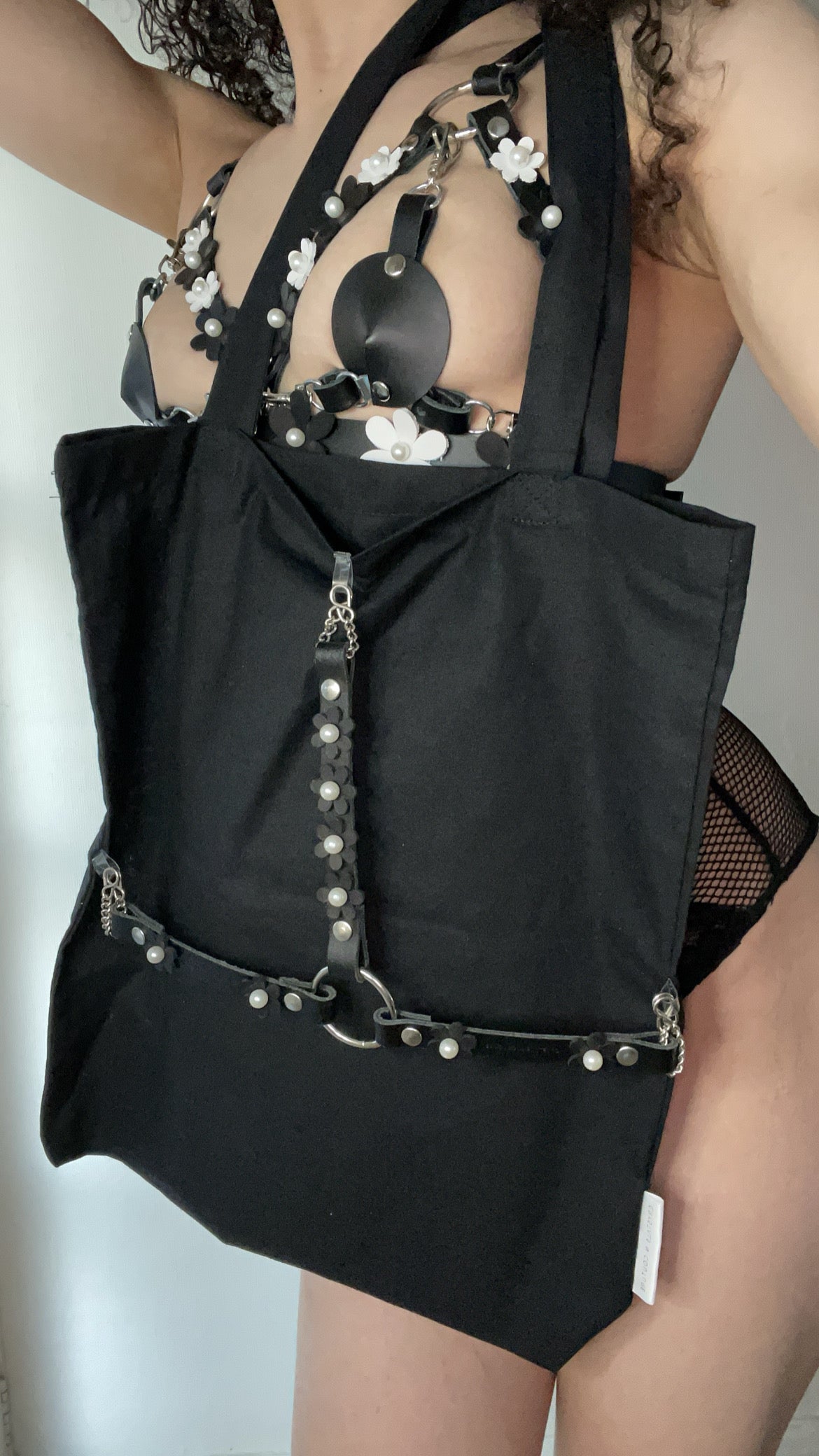 Black Blossom Leather Harness Cotton Tote