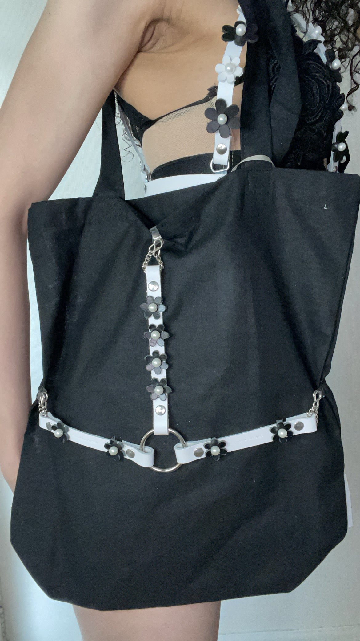 Black Blossom White Leather Harness Cotton Tote