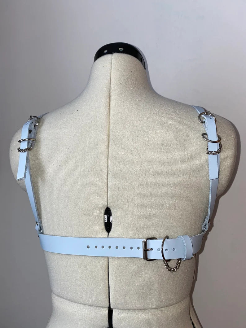 Pale Blue Leather Cage Harness Bra