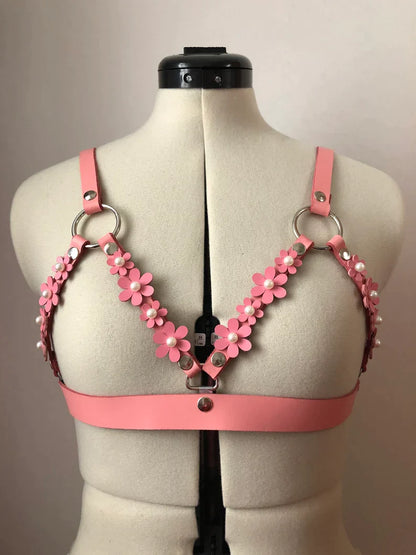 Pink Pearl Blossom Leather Cage Harness suspender SET