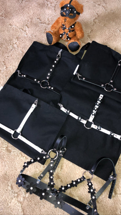 Black Blossom White Leather Harness Cotton Tote