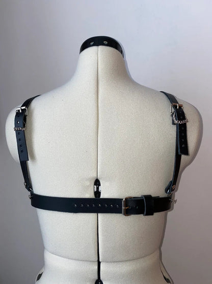 Black & White Pearl Blossom Leather Cage Harness Bra