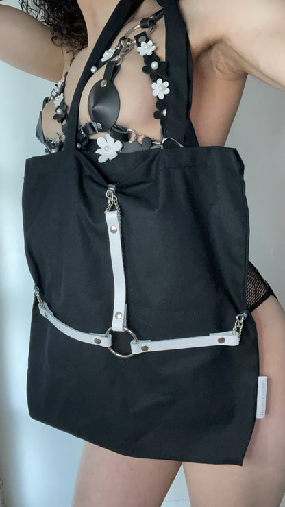 White Leather Harness Cotton Tote