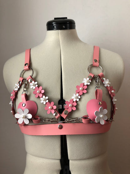 Pink & White Pearl Blossom Leather Cage Harness Bra