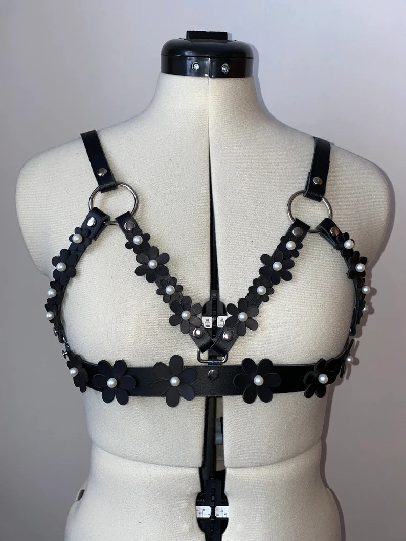 Black Pearl Blossom Leather Cage Harness Bra – Crystals N Couture