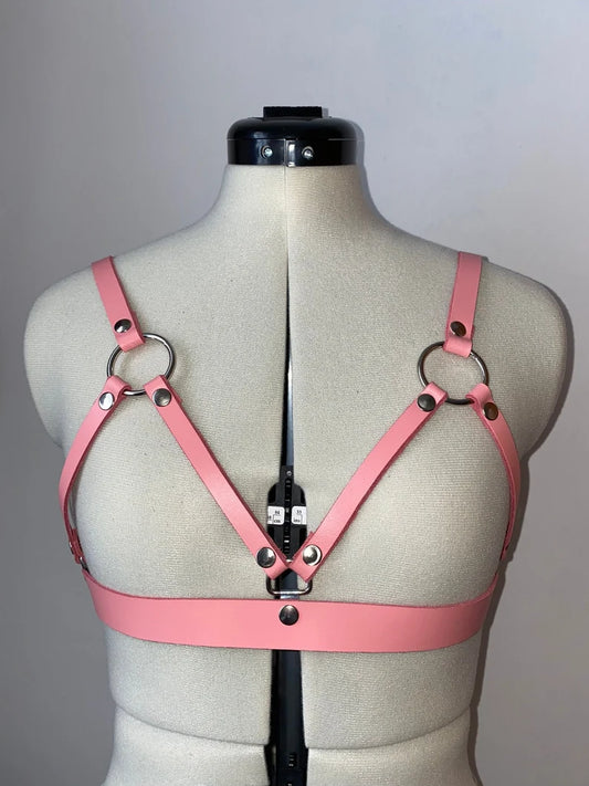 Pink Leather Cage Harness Bra