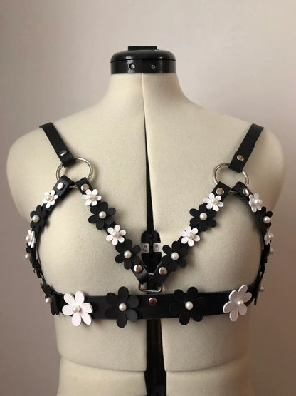 Black & White Pearl Blossom Leather Cage Harness Bra