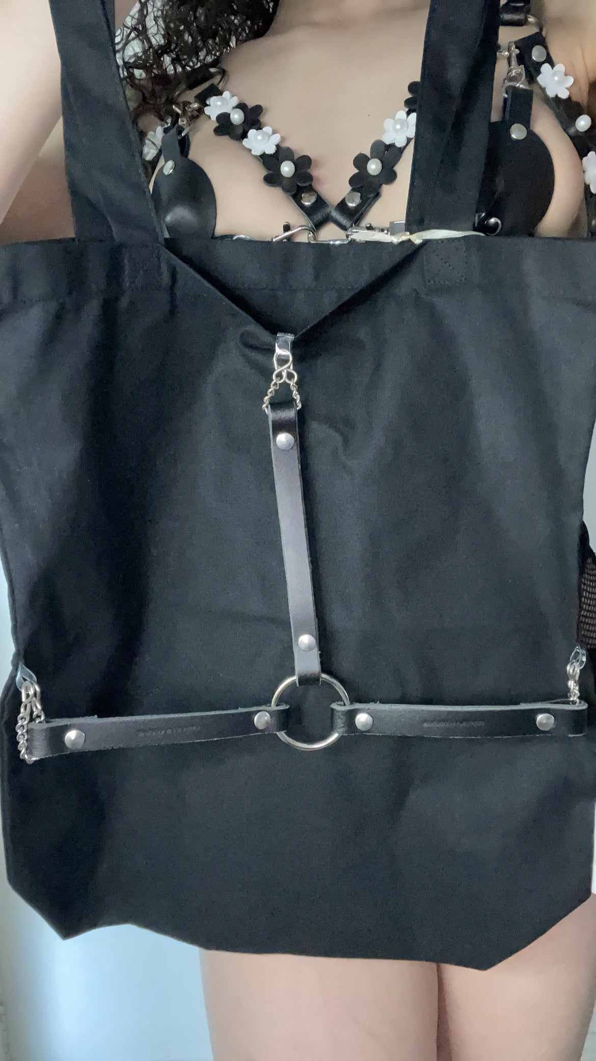 Black Leather Harness Cotton Tote