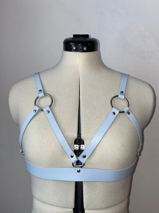 Pale Blue Leather Cage Harness Bra