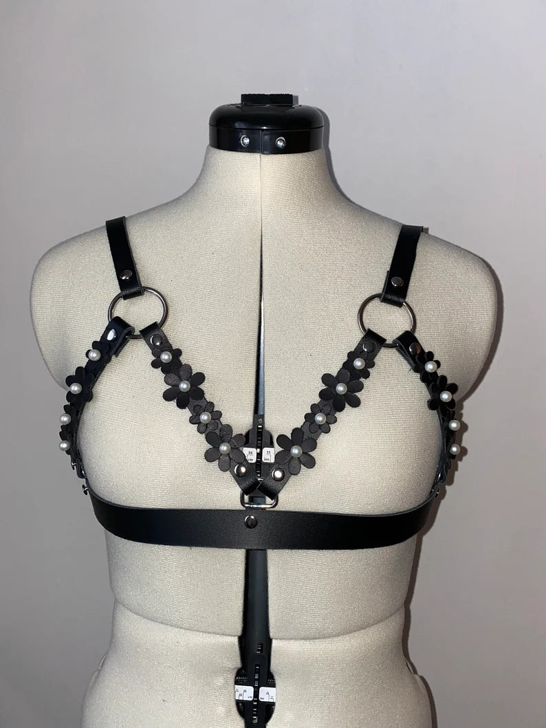 Black Pearl Blossom Leather Cage Harness Bra